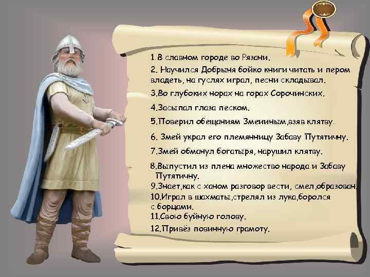 1. В славном городе во Рязани. 2. Научился Добрыня бойко книги читать и пером