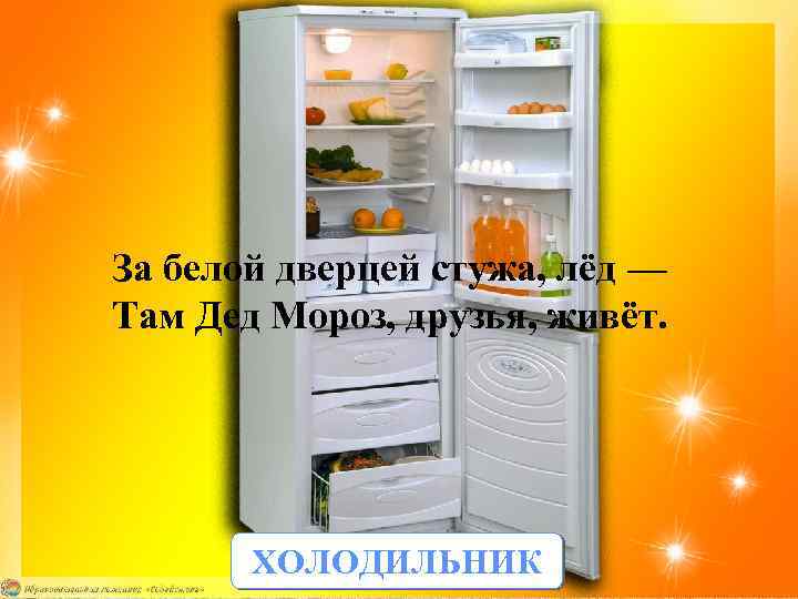 За белой дверцей стужа, лёд — Там Дед Мороз, друзья, живёт. ХОЛОДИЛЬНИК 