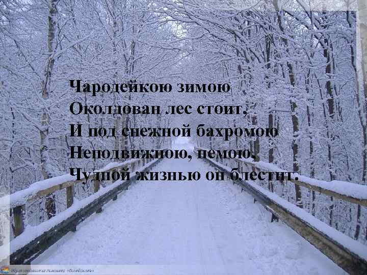 Чародейкою зимою Околдован лес стоит, И под снежной бахромою Неподвижною, немою, Чудной жизнью он