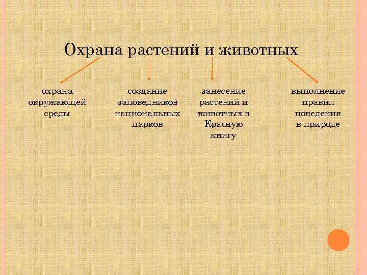 Охрана растений и животных охрана окружающей среды создание заповедников национальных парков занесение растений и