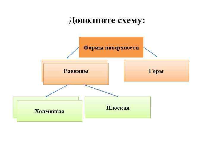 Дополните схему: Формы поверхности ? Горы Равнины ? Холмистая Плоская 