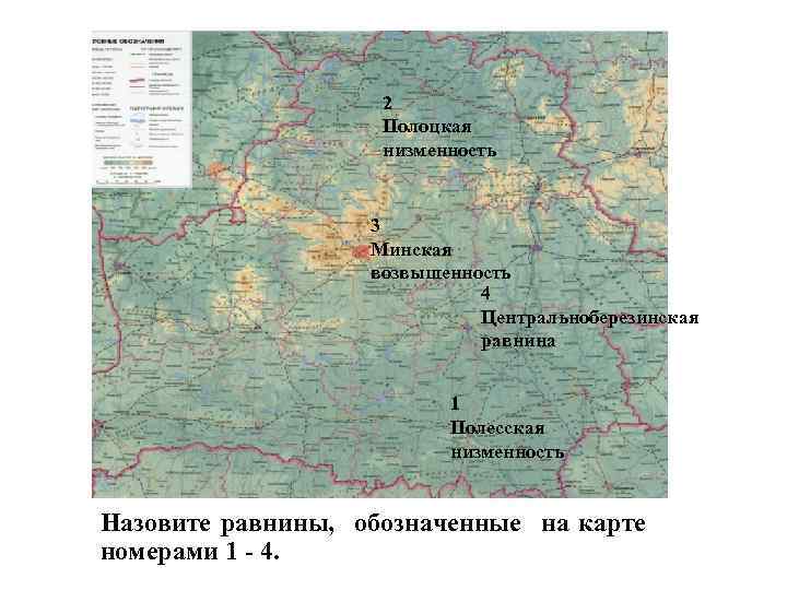 2 Полоцкая низменность 3 Минская возвышенность 4 Центральноберезинская равнина 1 Полесская низменность Назовите равнины,