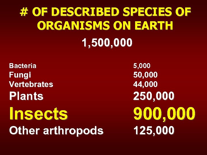 # OF DESCRIBED SPECIES OF ORGANISMS ON EARTH 1, 500, 000 Bacteria 5, 000