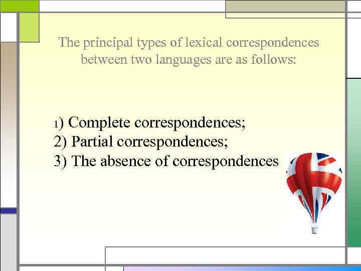 The principal types of lexical correspondences between two languages are as follows: ) Complete