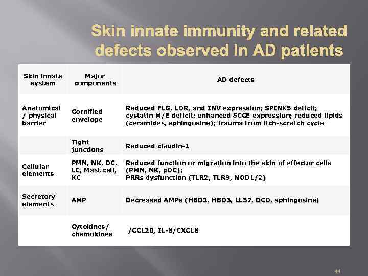 Skin innate immunity and related defects observed in AD patients Skin innate system Anatomical