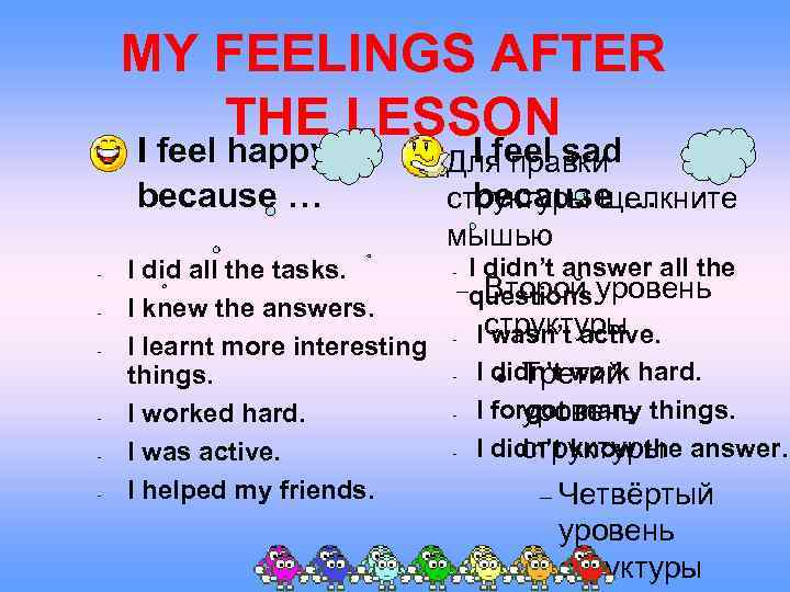 MY FEELINGS AFTER THE LESSON I feel happy because … - - I did