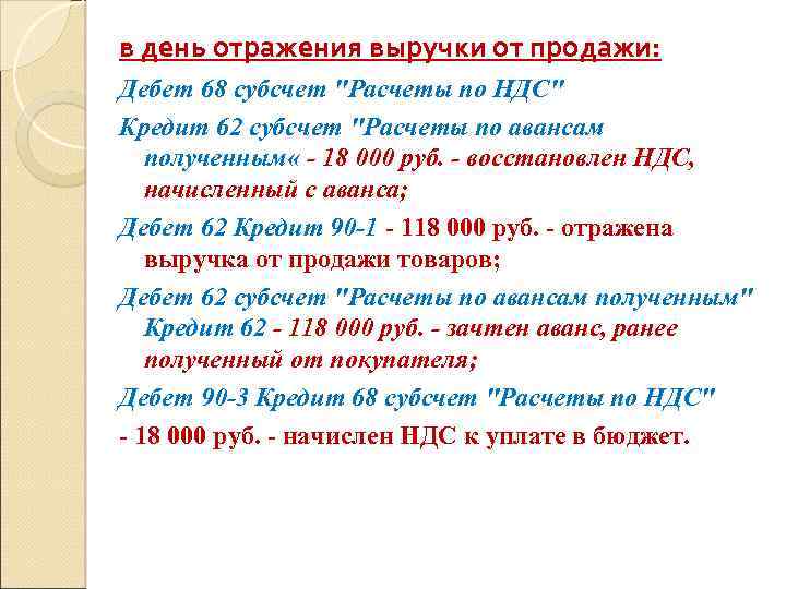 в день отражения выручки от продажи: Дебет 68 субсчет "Расчеты по НДС" Кредит 62