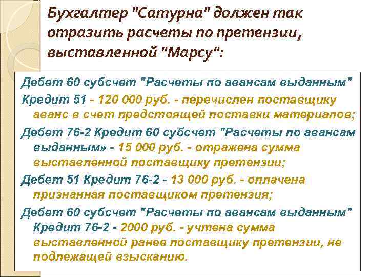 Бухгалтер "Сатурна" должен так отразить расчеты по претензии, выставленной "Марсу": Дебет 60 субсчет "Расчеты