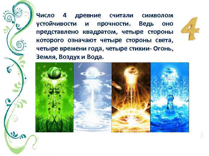 Число 4 древние считали символом устойчивости и прочности. Ведь оно представлено квадратом, четыре стороны