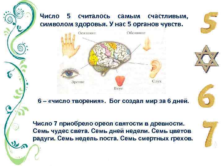 Число 5 считалось самым счастливым, символом здоровья. У нас 5 органов чувств. 6 –