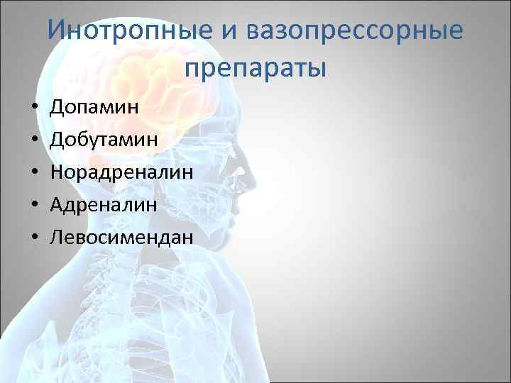 Инотропные и вазопрессорные препараты • • • Допамин Добутамин Норадреналин Адреналин Левосимендан 