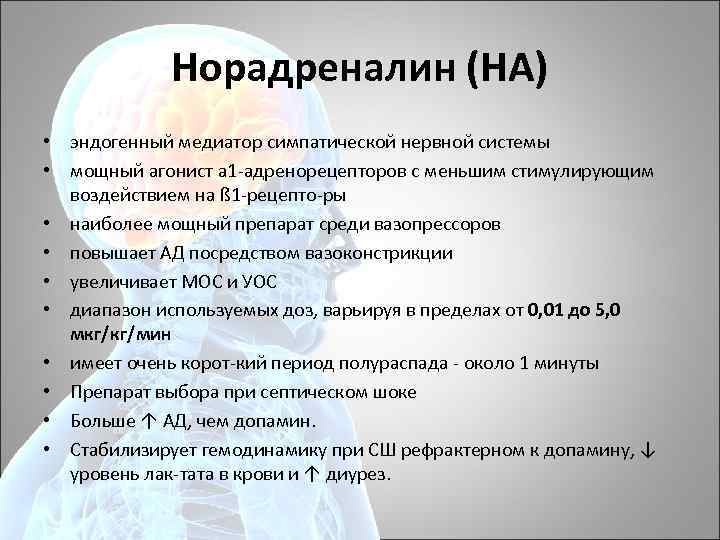 Норадреналин (НА) • эндогенный медиатор симпатической нервной системы • мощный агонист a 1 адренорецепторов