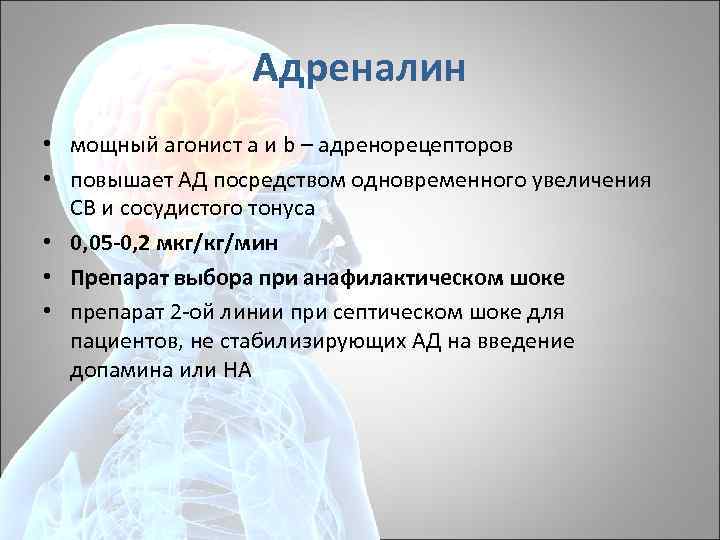 Адреналин • мощный агонист а и b – адренорецепторов • повышает АД посредством одновременного