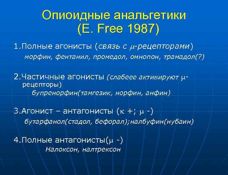 Опиоидные анальгетики (E. Free 1987) 1. Полные агонисты (связь с -рецепторами) морфин, фентанил, промедол,