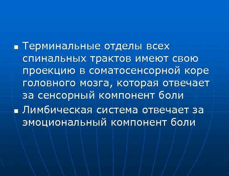 n n Терминальные отделы всех спинальных трактов имеют свою проекцию в соматосенсорной коре головного