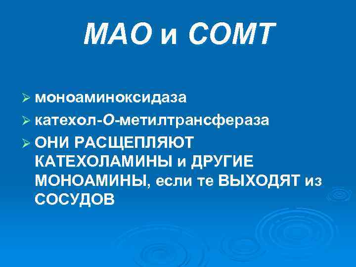 МАО и COMT Ø моноаминоксидаза Ø катехол-О-метилтрансфераза Ø ОНИ РАСЩЕПЛЯЮТ КАТЕХОЛАМИНЫ и ДРУГИЕ МОНОАМИНЫ,