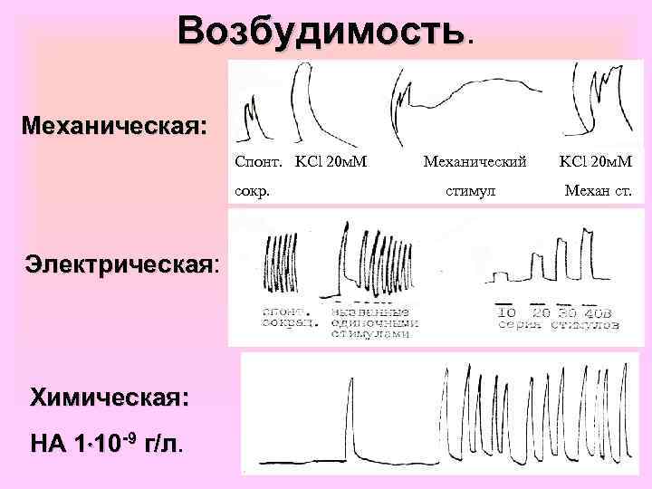 Возбудимость. Механическая: Спонт. KCl 20 м. М сокр. Электрическая: Электрическая Химическая: НА 1 10