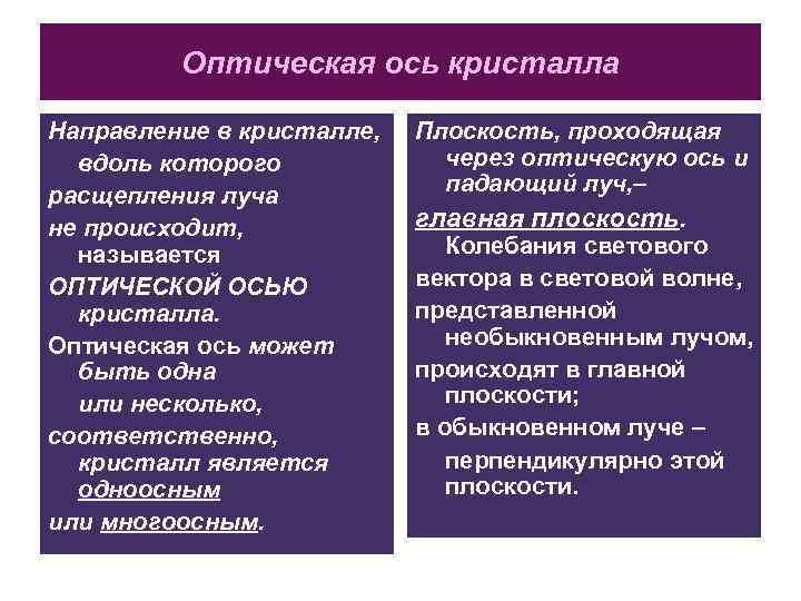 Оптическая ось кристалла Направление в кристалле, вдоль которого расщепления луча не происходит, называется ОПТИЧЕСКОЙ