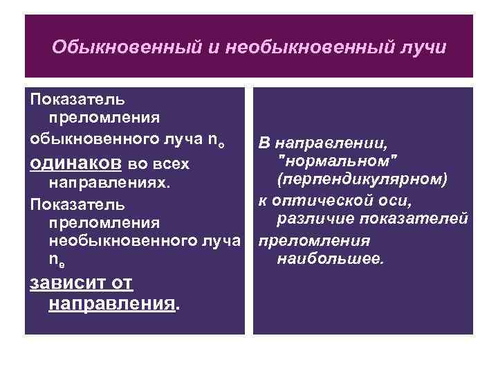 Обыкновенный и необыкновенный лучи Показатель преломления обыкновенного луча nо одинаков во всех направлениях. Показатель