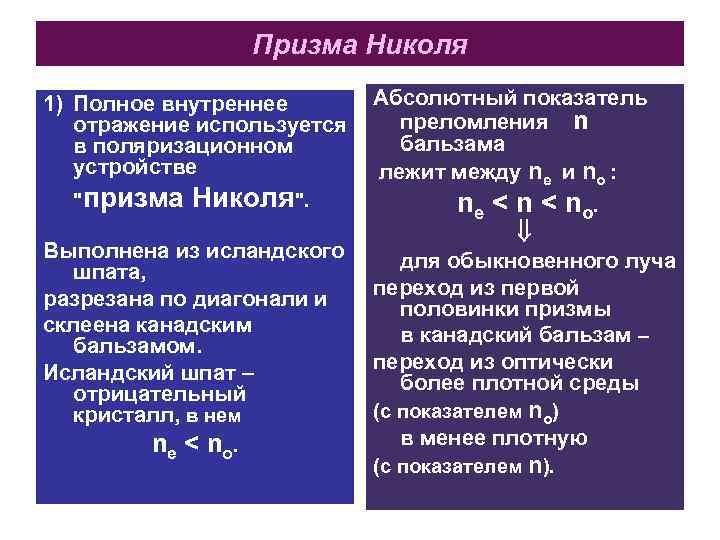 Призма Николя 1) Полное внутреннее отражение используется в поляризационном устройстве 