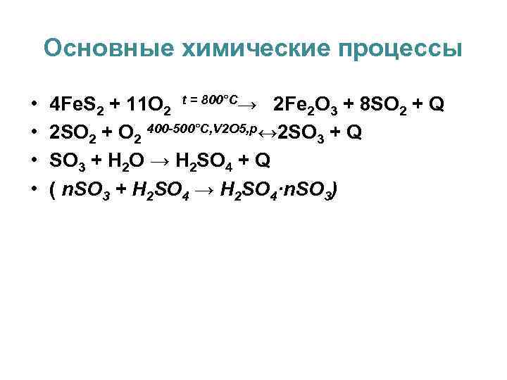 Основные химические процессы • • 4 Fe. S 2 + 11 O 2 t