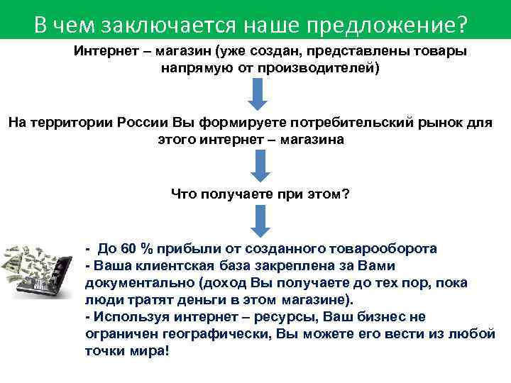 В чем заключается наше предложение? Интернет – магазин (уже создан, представлены товары напрямую от