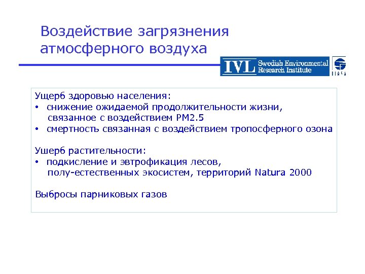 Воздействие загрязнения атмосферного воздуха Ущерб здоровью населения: • снижение ожидаемой продолжительности жизни, связанное с