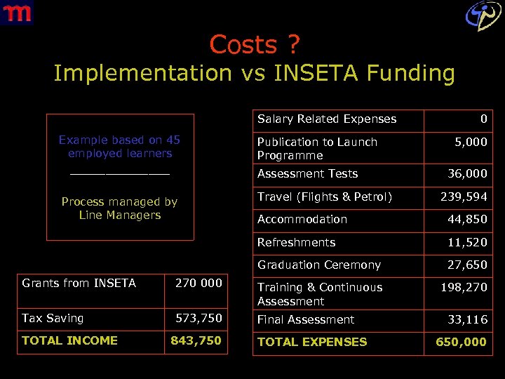 Costs ? Implementation vs INSETA Funding Salary Related Expenses Example based on 45 employed