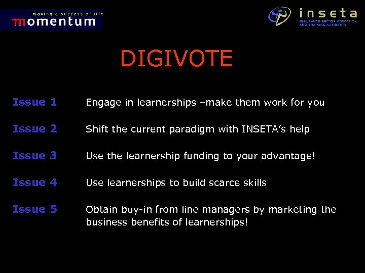 DIGIVOTE Issue 1 Engage in learnerships –make them work for you Issue 2 Shift