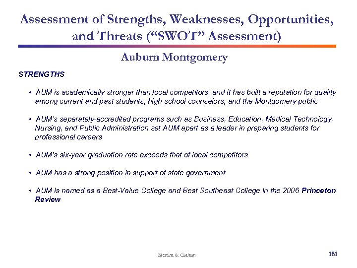 Assessment of Strengths, Weaknesses, Opportunities, and Threats (“SWOT” Assessment) Auburn Montgomery STRENGTHS • AUM