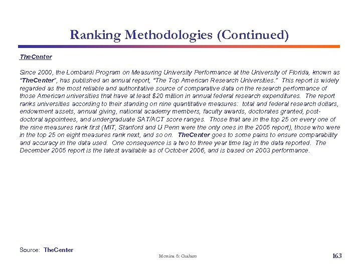 Ranking Methodologies (Continued) The. Center Since 2000, the Lombardi Program on Measuring University Performance