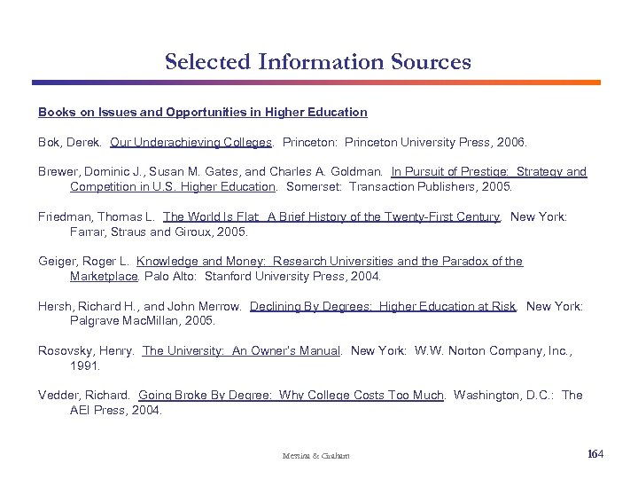 Selected Information Sources Books on Issues and Opportunities in Higher Education Bok, Derek. Our