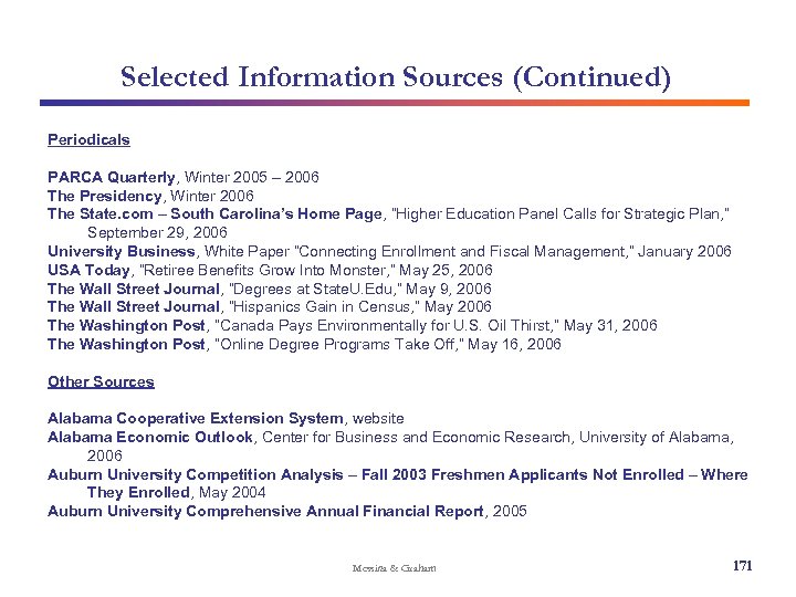 Selected Information Sources (Continued) Periodicals PARCA Quarterly, Winter 2005 – 2006 The Presidency, Winter