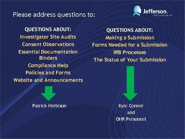 Please address questions to: QUESTIONS ABOUT: Investigator Site Audits Consent Observations Essential Documentation Binders