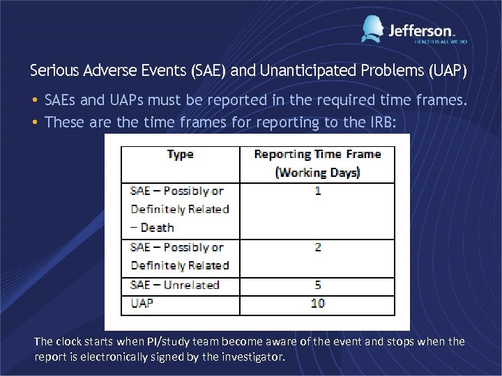 Serious Adverse Events (SAE) and Unanticipated Problems (UAP) • SAEs and UAPs must be