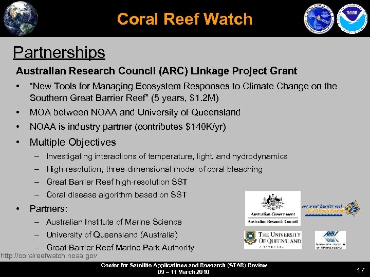 Coral Reef Watch Partnerships Australian Research Council (ARC) Linkage Project Grant • “New Tools