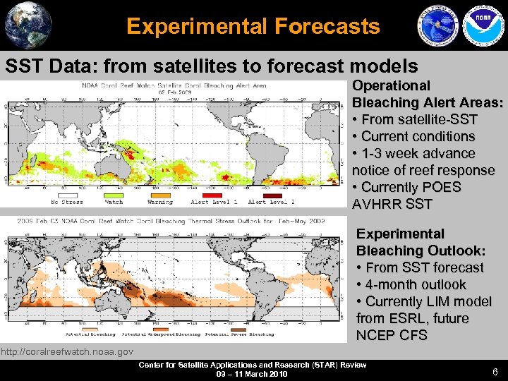 Experimental Forecasts SST Data: from satellites to forecast models Operational Bleaching Alert Areas: •