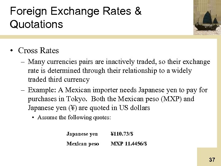 Foreign Exchange Rates & Quotations • Cross Rates – Many currencies pairs are inactively