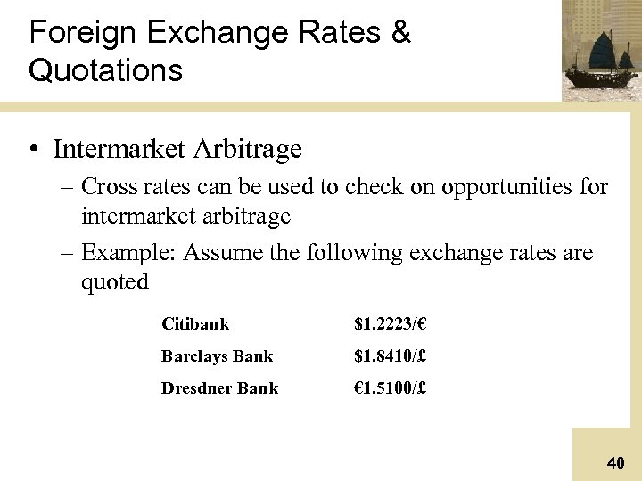 Foreign Exchange Rates & Quotations • Intermarket Arbitrage – Cross rates can be used