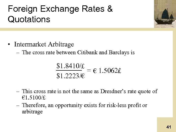 Foreign Exchange Rates & Quotations • Intermarket Arbitrage – The cross rate between Citibank