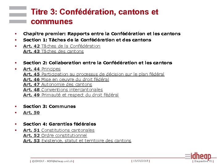 Titre 3: Confédération, cantons et communes § § § Chapitre premier: Rapports entre la