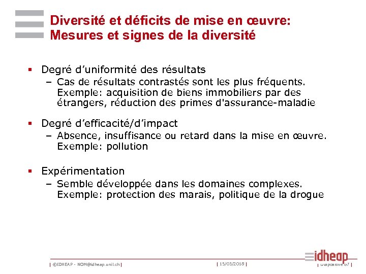 Diversité et déficits de mise en œuvre: Mesures et signes de la diversité §