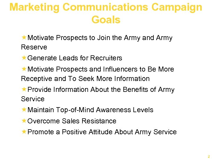 Marketing Communications Campaign Goals «Motivate Prospects to Join the Army and Army Reserve «Generate