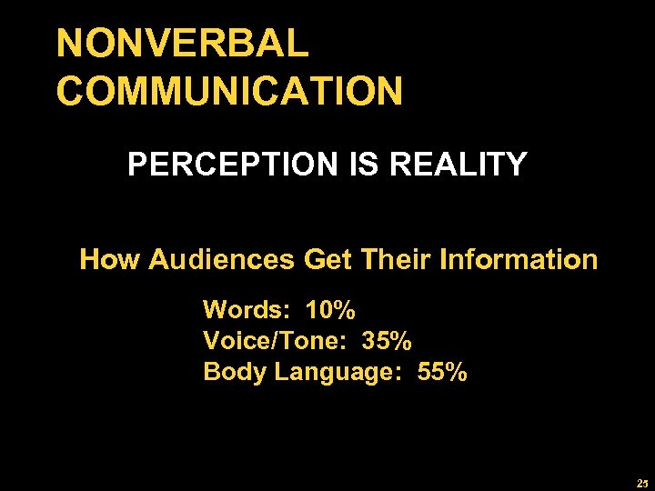 NONVERBAL COMMUNICATION PERCEPTION IS REALITY How Audiences Get Their Information Words: 10% Voice/Tone: 35%