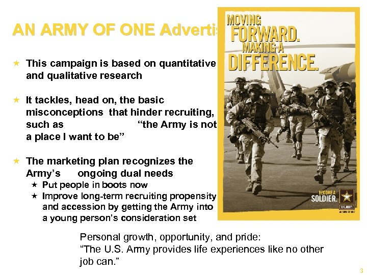 AN ARMY OF ONE Advertising « This campaign is based on quantitative and qualitative