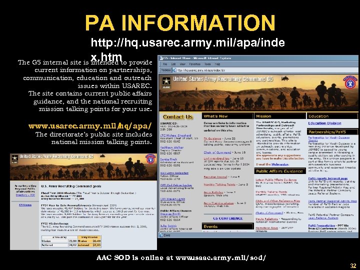 PA INFORMATION http: //hq. usarec. army. mil/apa/inde x. htm The G 5 internal site