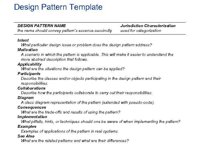 Design Pattern Template DESIGN PATTERN NAME the name should convey pattern’s essence succinctly Jurisdiction