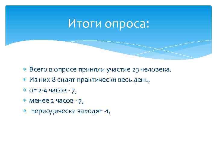 Итоги опроса: Всего в опросе приняли участие 23 человека. Из них 8 сидят практически