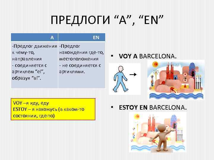 ПРЕДЛОГИ “A”, “EN” A -Предлог движения к чему-то, направления - соединяется с артиклем “el”,