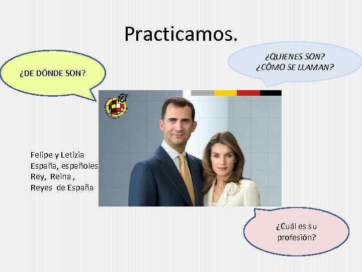 Practicamos. ¿DE DÓNDE SON? ¿QUIENES SON? ¿CÓMO SE LLAMAN? Felipe y Letizia España, españoles